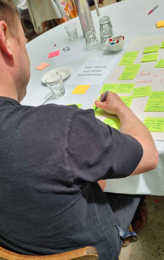 The back of a man writing on Post-it notes on a table