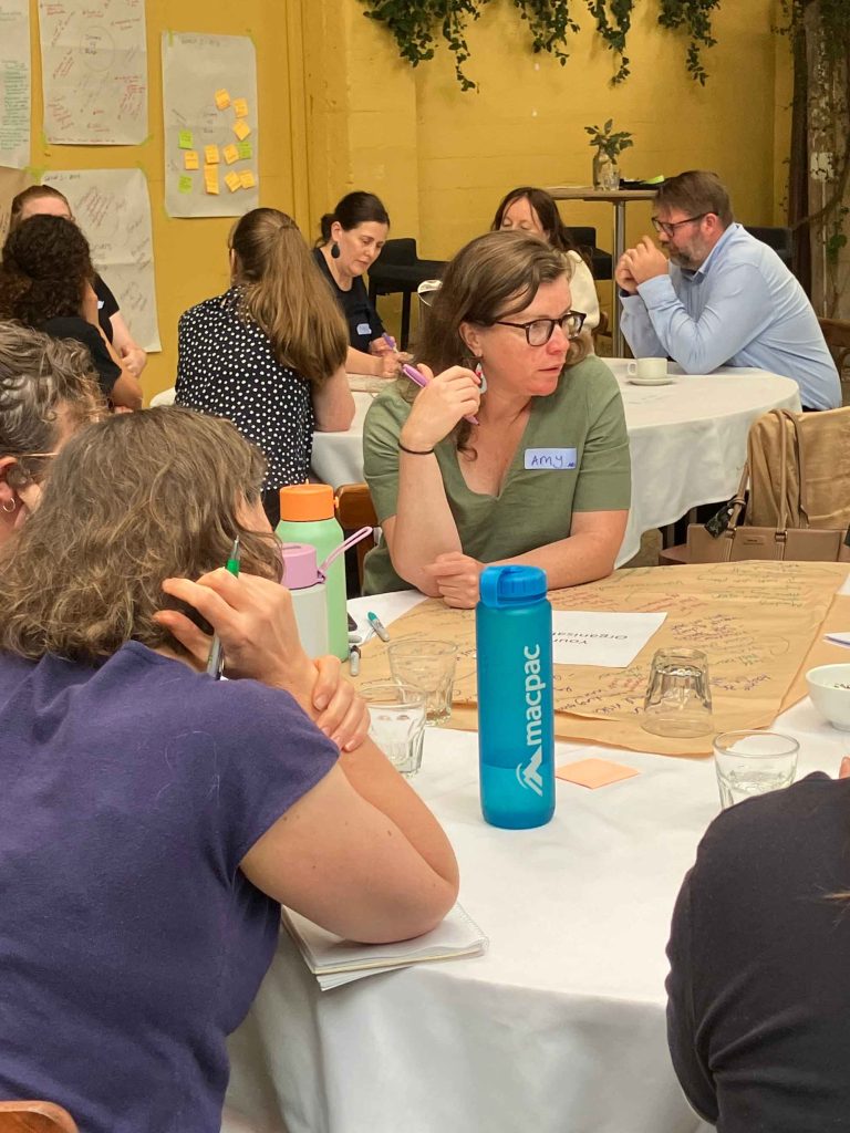People sitting around tables in discussion with butchers paper, water bottles and notepads in front of them